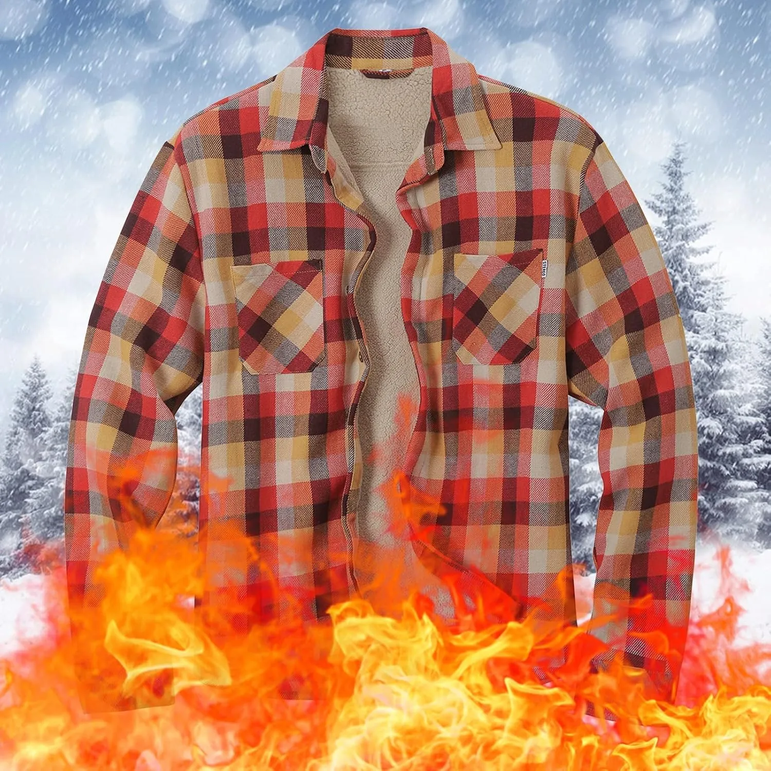 Men Fleece Lined Plaid Jackets Button Down Collared Shirts Slim Fit Fannel Jacket with Pockets Heavyweight Jackets