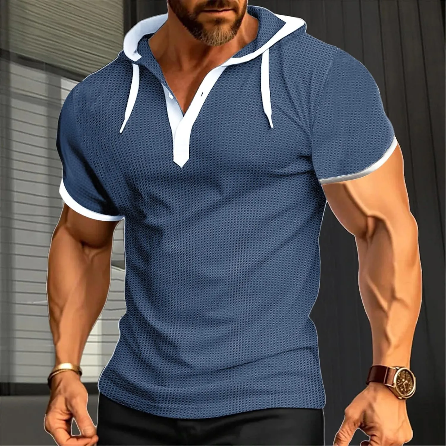 Men Waffle Hooded Tank Tops Bodybuilding Gym Sleeveless Workout Shirts Trendy Athletic Lounge Training Running Shirt