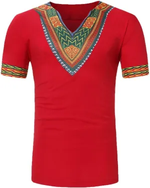 Mens African Dashiki T Shirt V Neck Short Sleeve Tribal Shirt Slim Fit Floral Embroidery Festival Tops