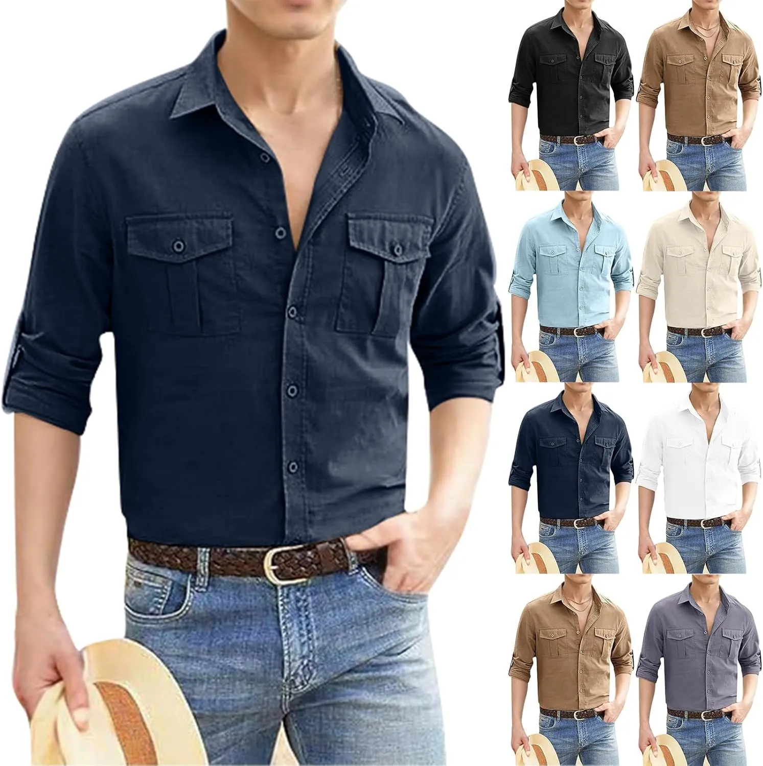 Mens Button Down Shirts Long Sleeve Casual Cotton Linen Shirt Slim Fit Summer Tops Vacation Hawaiian Shirt w/Pockets