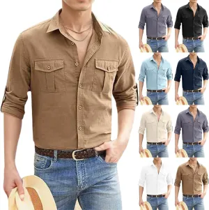 Mens Button Down Shirts Long Sleeve Casual Cotton Linen Shirt Slim Fit Summer Tops Vacation Hawaiian Shirt w/Pockets