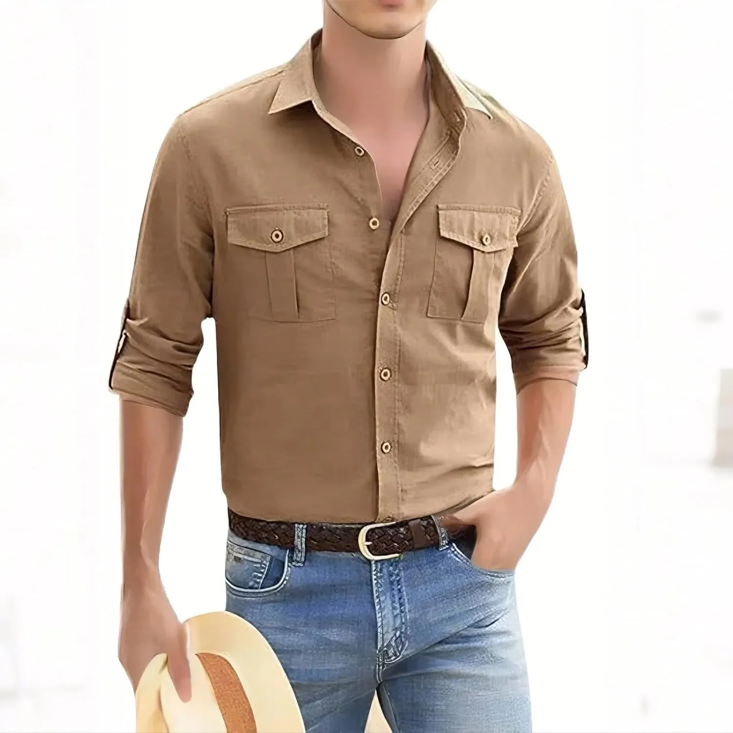 Mens Button Down Shirts Long Sleeve Casual Cotton Linen Shirt Slim Fit Summer Tops Vacation Hawaiian Shirt w/Pockets