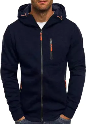 Men's Casual Hooded Jacket Solid Long Sleeve Full Zip Coat Lightweight Winter Outdoor Outwear with 3 Zip Pockets