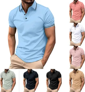 Men's Casual Polo Shirts Classic Stripes Collared Slim Fit Golf Shirt Fashion Short Sleeve Button Business Work Tops