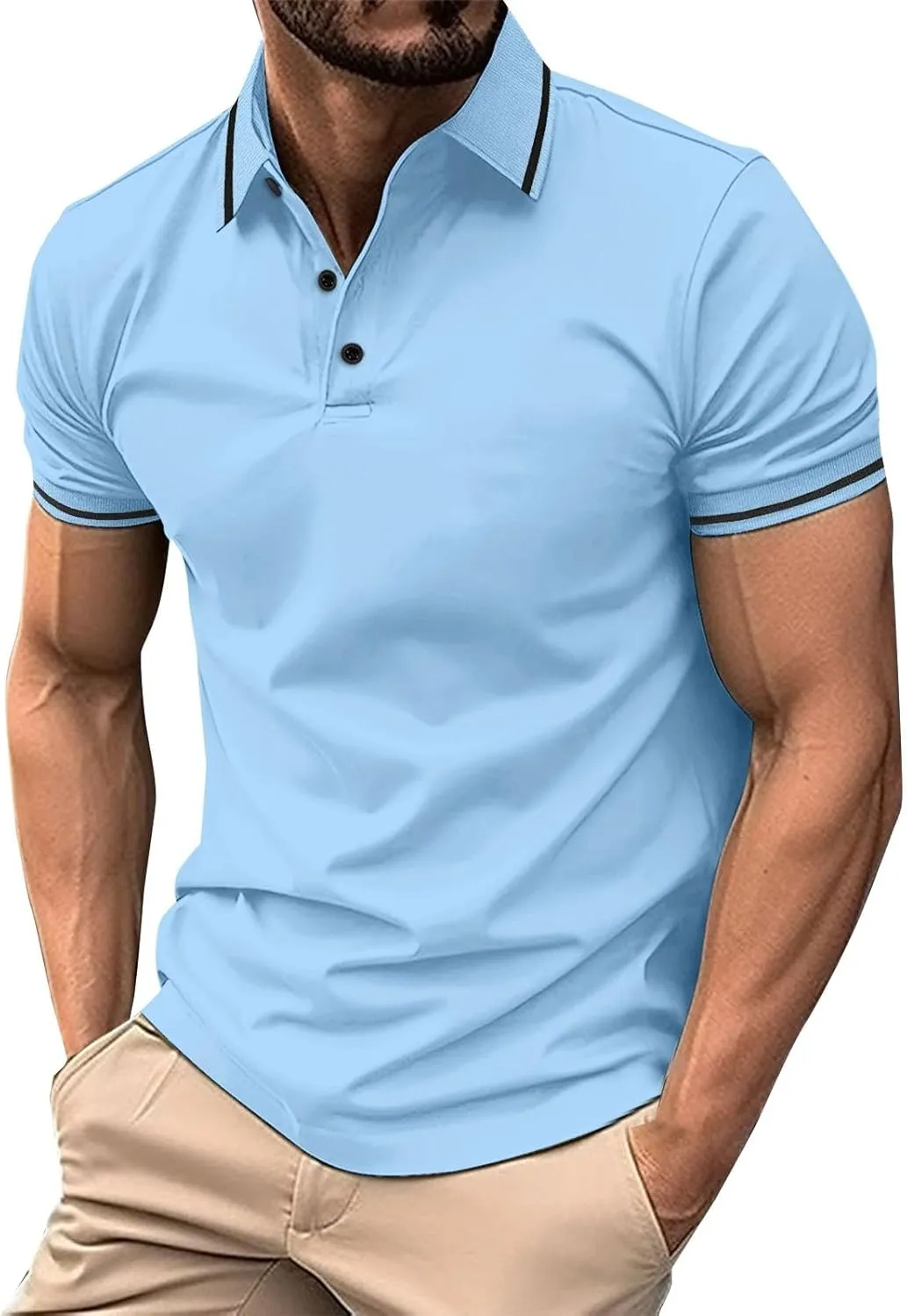 Men's Casual Polo Shirts Classic Stripes Collared Slim Fit Golf Shirt Fashion Short Sleeve Button Business Work Tops