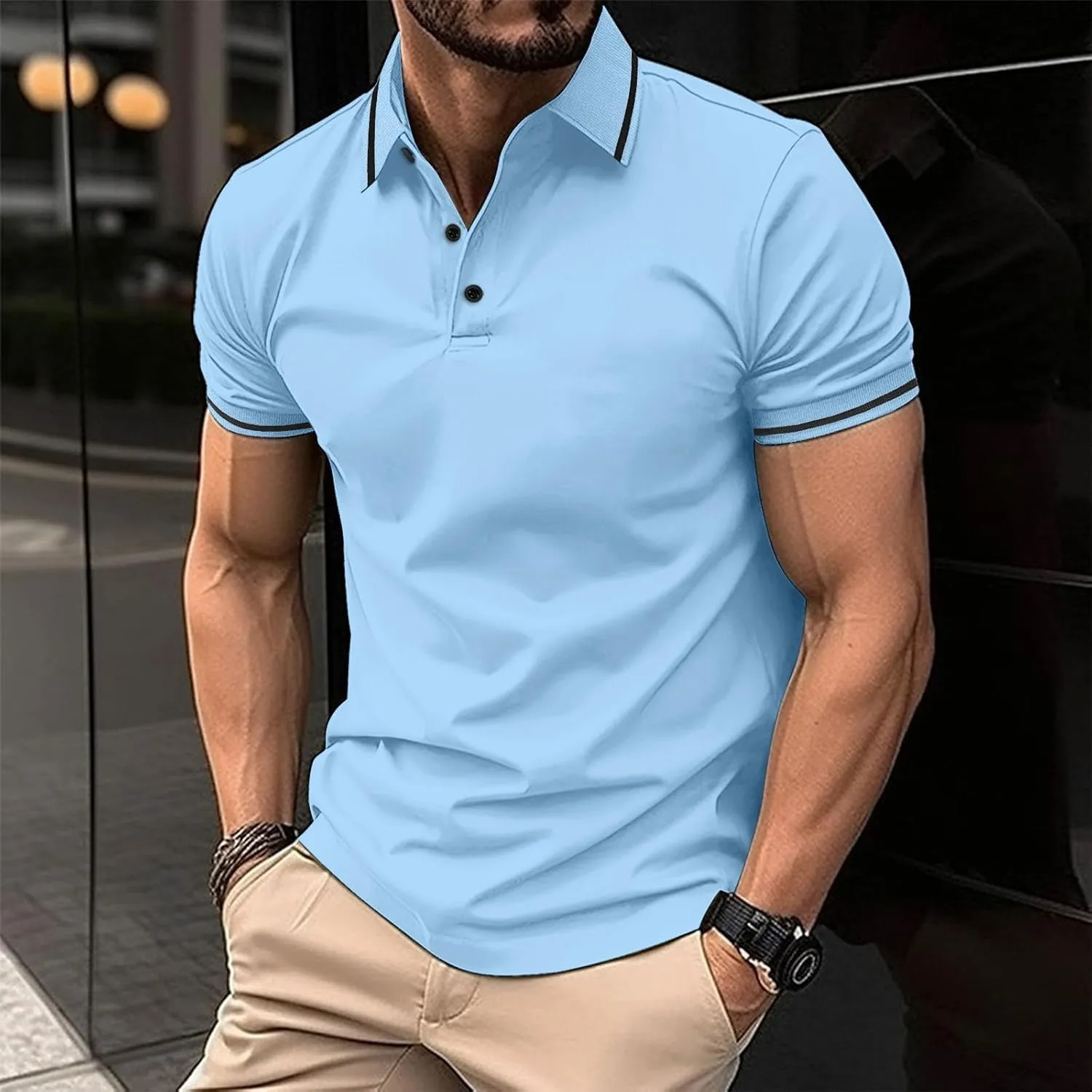 Men's Casual Polo Shirts Classic Stripes Collared Slim Fit Golf Shirt Fashion Short Sleeve Button Business Work Tops