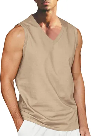 Men's Casual Workout Tank Top Crew Neck Sleeveless Shirts Summer Gym Muscle Fitness Vest Cotton Linen Cut Off Shirt