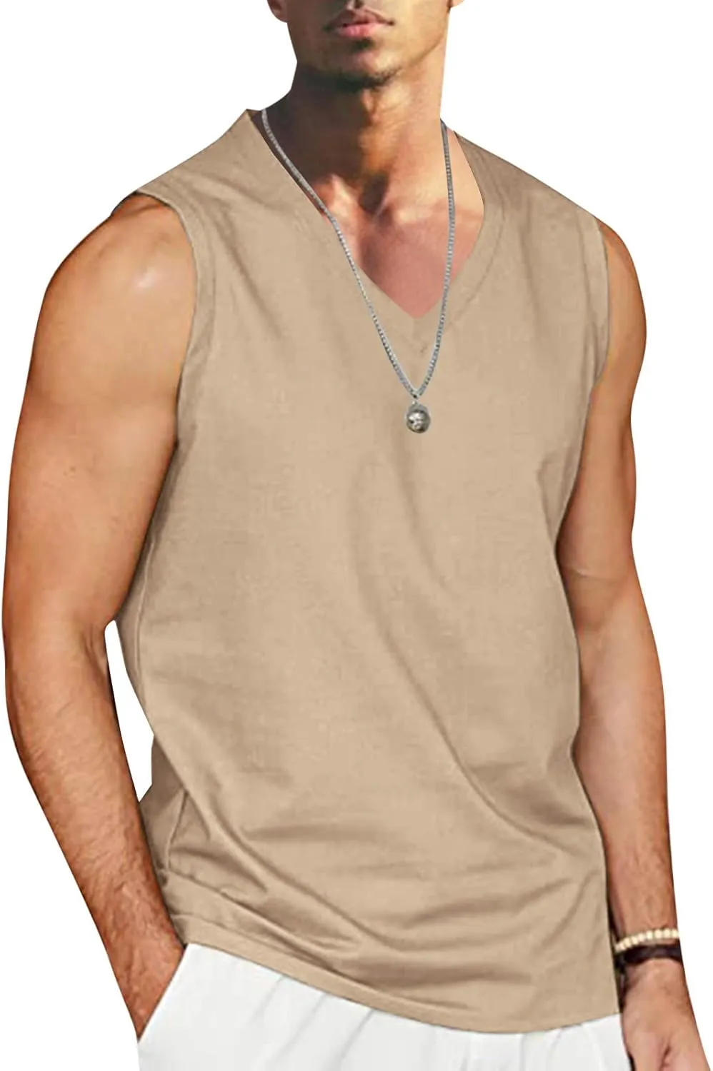 Men's Casual Workout Tank Top Crew Neck Sleeveless Shirts Summer Gym Muscle Fitness Vest Cotton Linen Cut Off Shirt