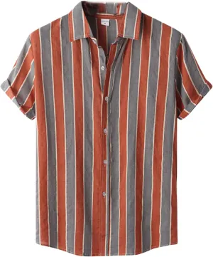 Mens Color Block Striped Print Short Sleeve Button Up Casual Shirts, Cotton Linen Summer Floral Hawaiian Shirts
