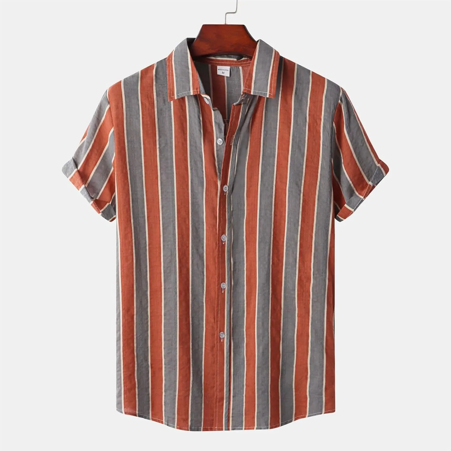 Mens Color Block Striped Print Short Sleeve Button Up Casual Shirts, Cotton Linen Summer Floral Hawaiian Shirts
