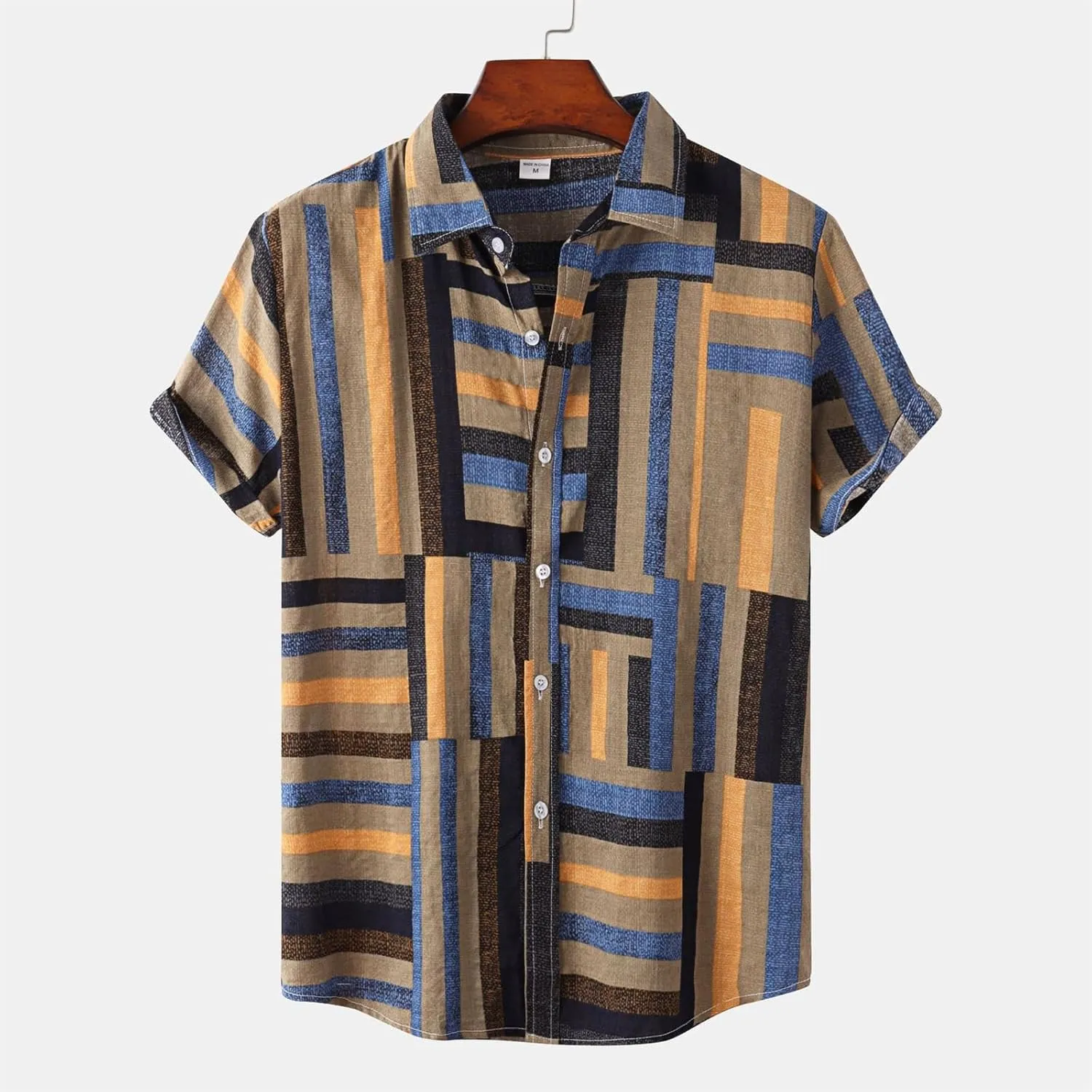 Mens Color Block Striped Print Short Sleeve Button Up Casual Shirts, Cotton Linen Summer Floral Hawaiian Shirts