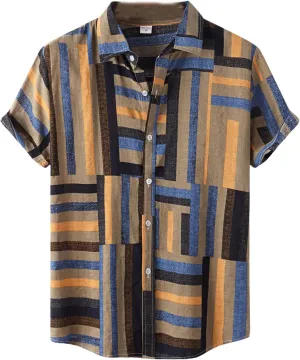 Mens Color Block Striped Print Short Sleeve Button Up Casual Shirts, Cotton Linen Summer Floral Hawaiian Shirts