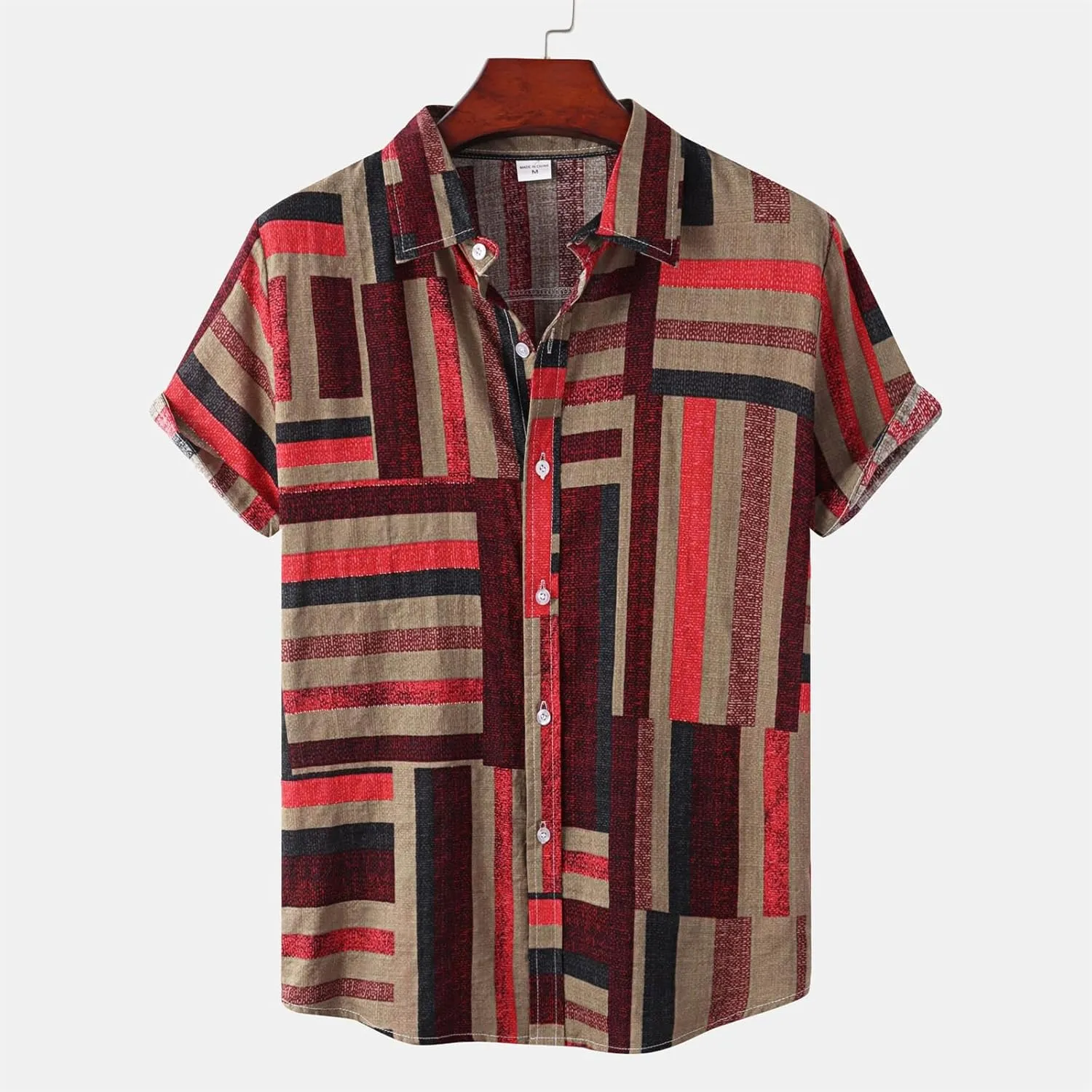 Mens Color Block Striped Print Short Sleeve Button Up Casual Shirts, Cotton Linen Summer Floral Hawaiian Shirts