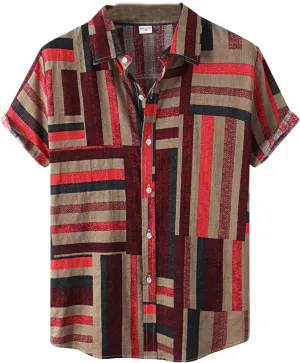 Mens Color Block Striped Print Short Sleeve Button Up Casual Shirts, Cotton Linen Summer Floral Hawaiian Shirts