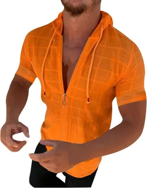 Mens Comfortable Zip Up Hoodie Short Sleeve Lightweight Cotton Zipper Casual Fashion Slim-fit Drawstring Top Shirts