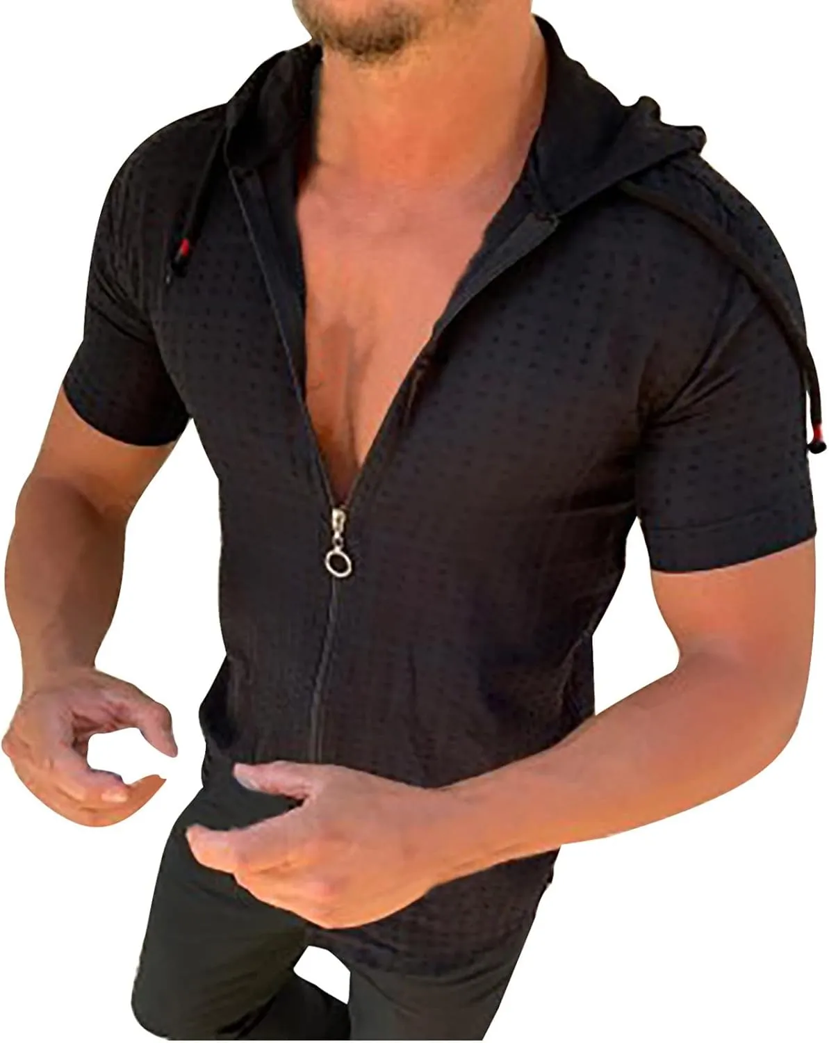 Mens Comfortable Zip Up Hoodie Short Sleeve Lightweight Cotton Zipper Casual Fashion Slim-fit Drawstring Top Shirts