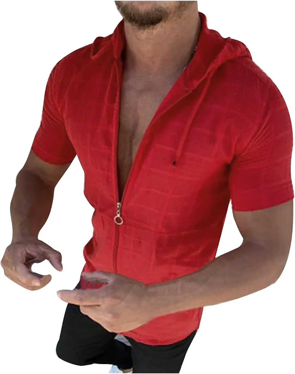 Mens Comfortable Zip Up Hoodie Short Sleeve Lightweight Cotton Zipper Casual Fashion Slim-fit Drawstring Top Shirts