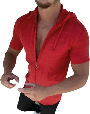 Mens Comfortable Zip Up Hoodie Short Sleeve Lightweight Cotton Zipper Casual Fashion Slim-fit Drawstring Top Shirts