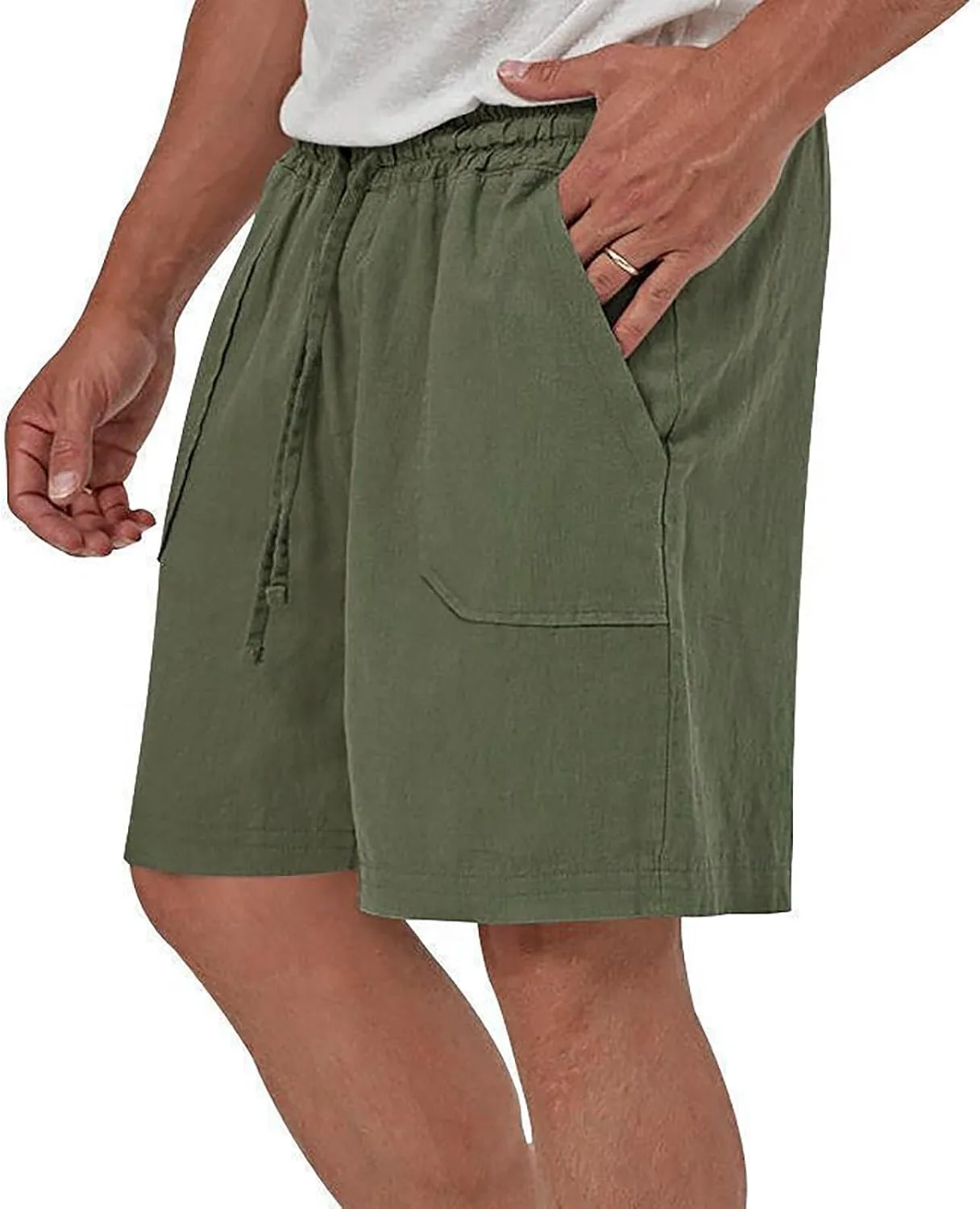 Men's Cotton Linen Shorts Drawstring Elastic Waist Casual Comfy Lightweight Shorts Summer Beach Shorts with Pockets