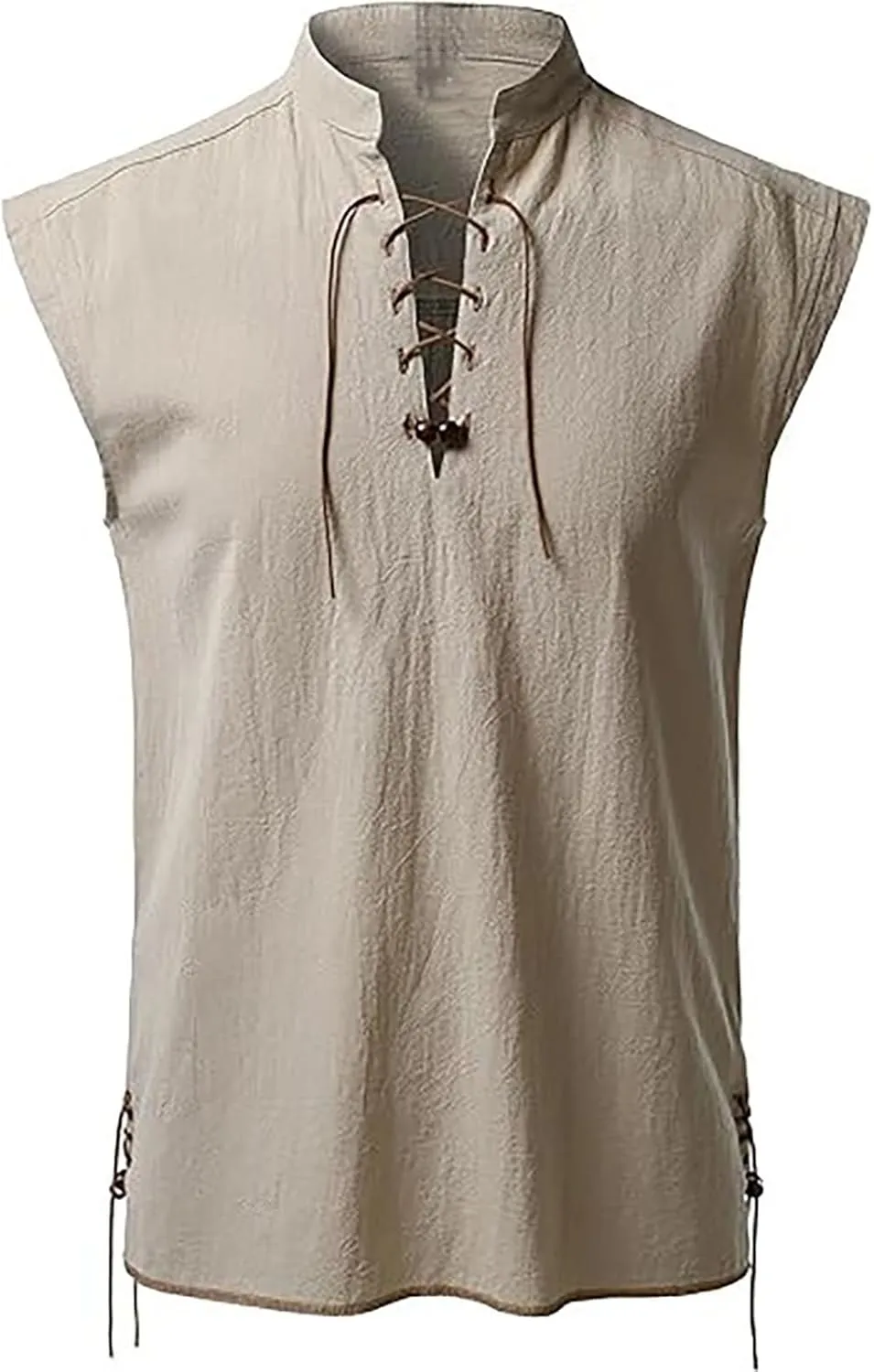 Men's Cotton Linen Tank Tops Workout Lace Up Sleeveless Shirts Bodybuilding Fitted Muscle Cut Off Shirt Vest Retro