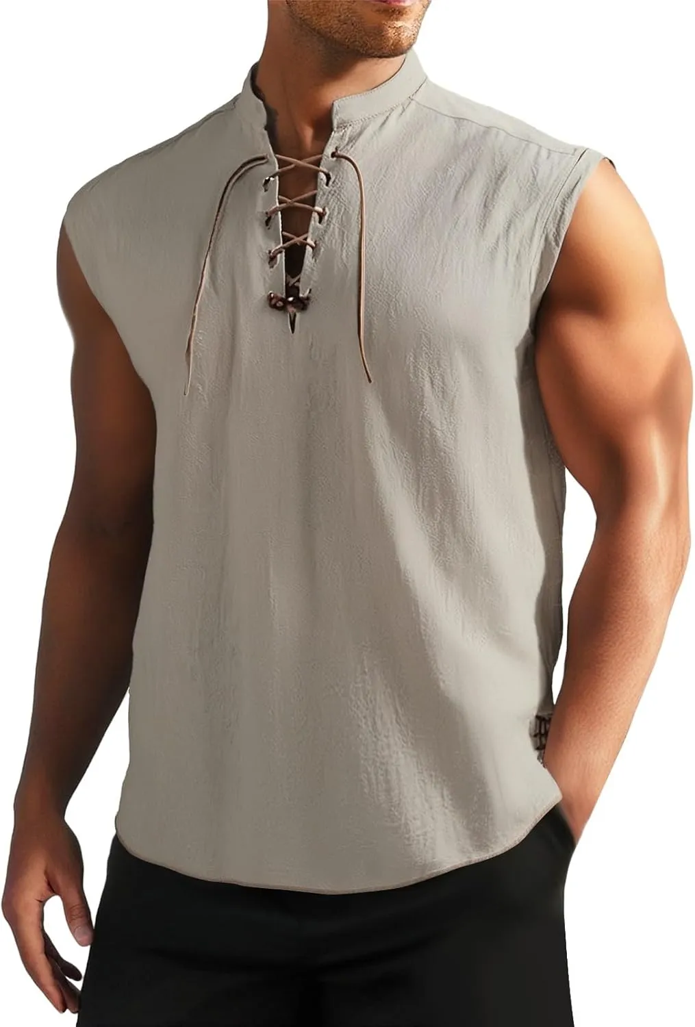 Men's Cotton Linen Tank Tops Workout Lace Up Sleeveless Shirts Bodybuilding Fitted Muscle Cut Off Shirt Vest Retro