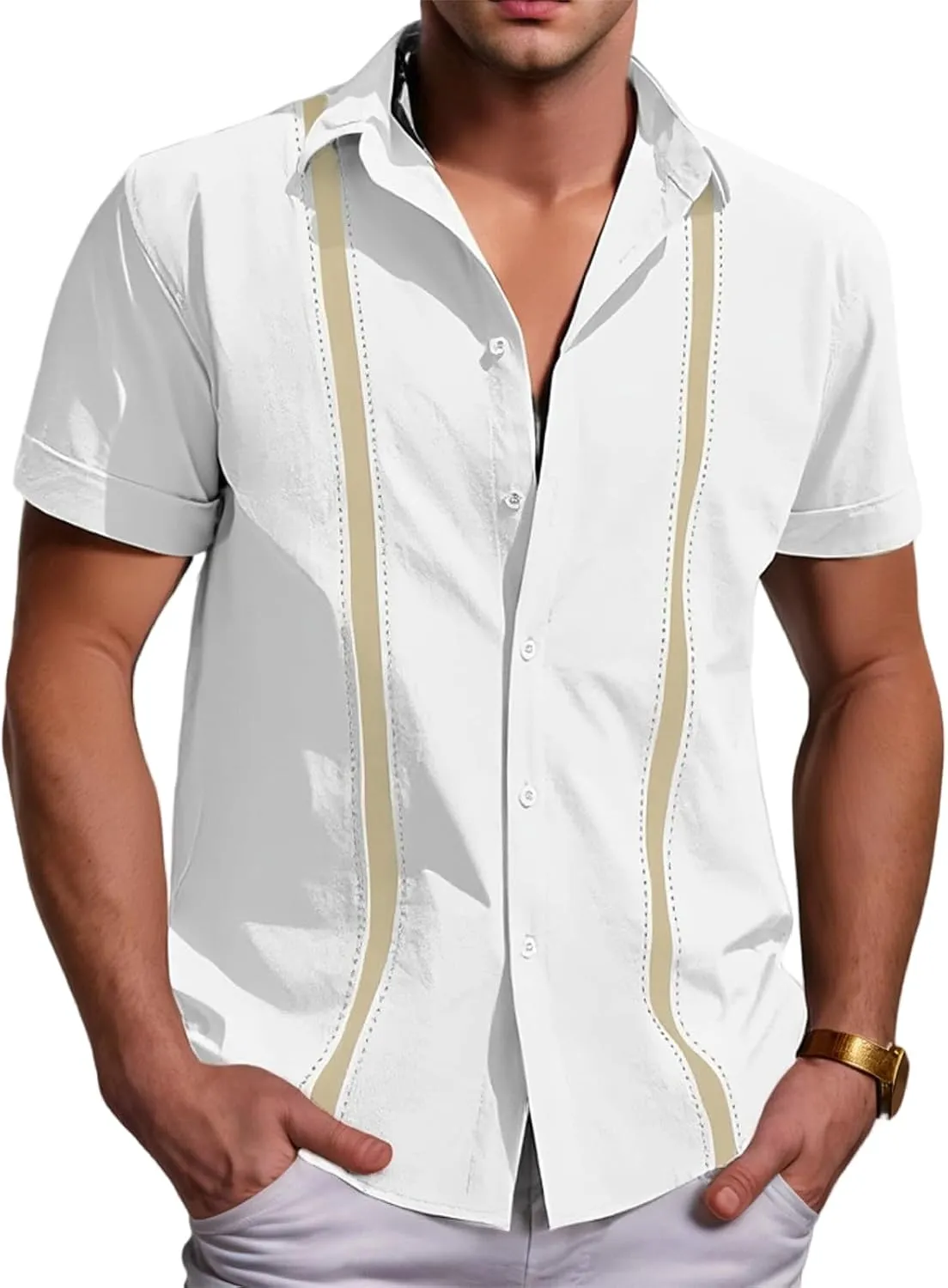 Men's Cuban Guayabera T Shirt Short Sleeve Button Down Linen Shirts Tops Color Block Casual Summer Beach Shirts