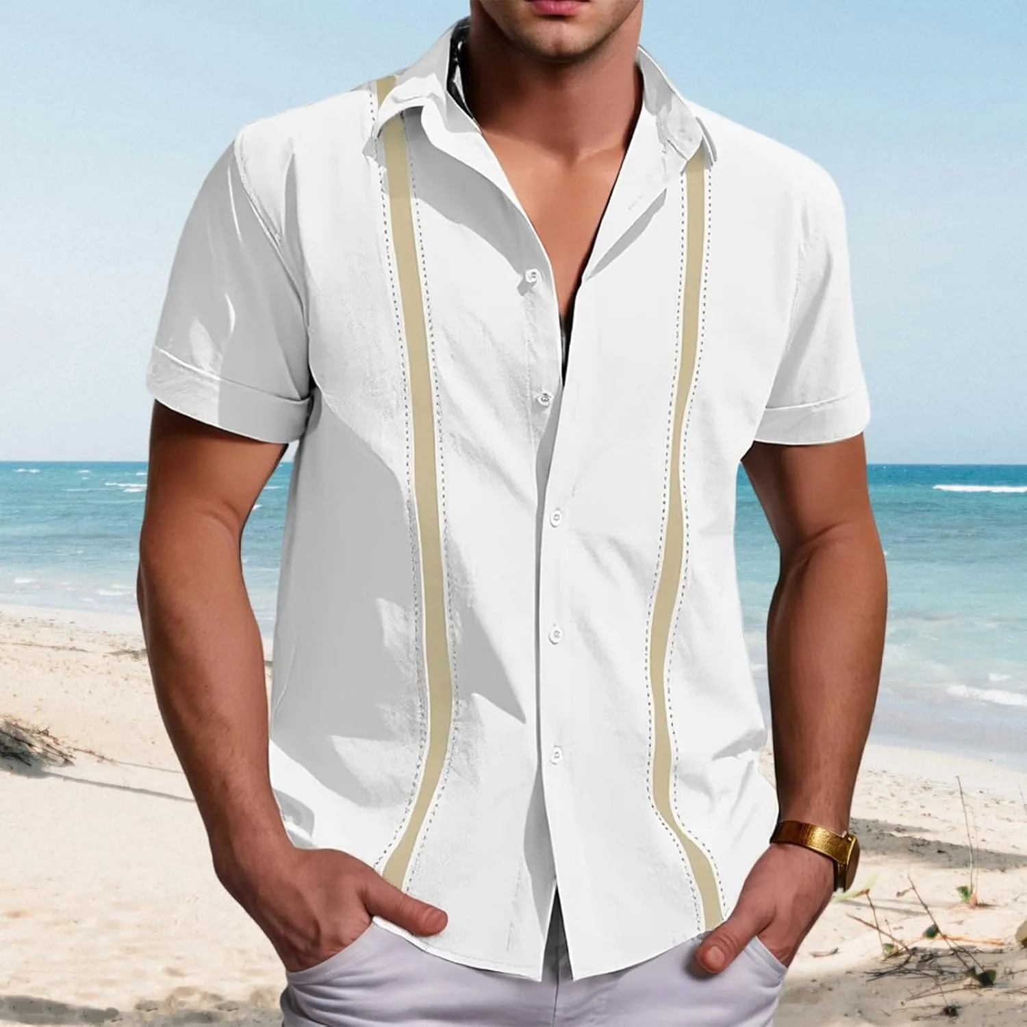 Men's Cuban Guayabera T Shirt Short Sleeve Button Down Linen Shirts Tops Color Block Casual Summer Beach Shirts