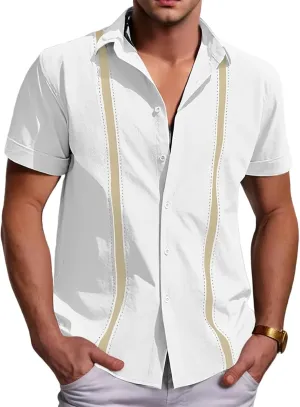 Men's Cuban Guayabera T Shirt Short Sleeve Button Down Linen Shirts Tops Color Block Casual Summer Beach Shirts