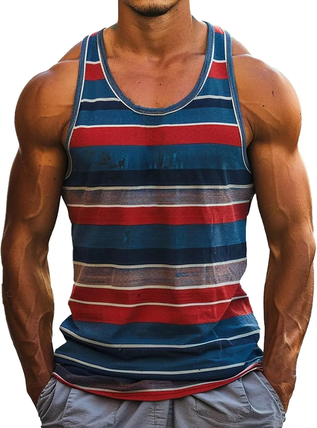 Men's Fashion Sleeveless Tank Tops Color Block Scoop Neck Summer Beach Vest Shirt Muscle Tees Workout Gym Undershirts