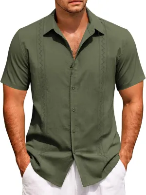 Men's Hawaiian Vacation Shirt Fashion Short Sleeve Button Down T-Shirts Casual Summer Beach Plain Linen Yoga Shirts