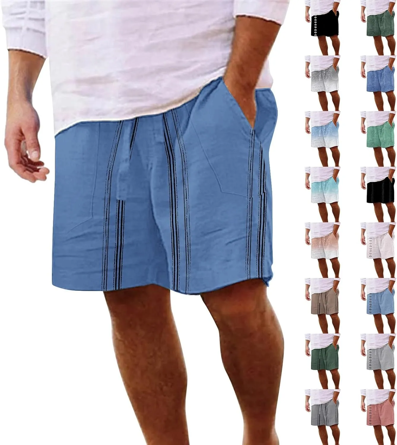 Men's Linen Shorts 2025 Summer Hawaii Travel Holiday Beach Pants Casual Elastic Waist Drawstring Clothes with Pockets