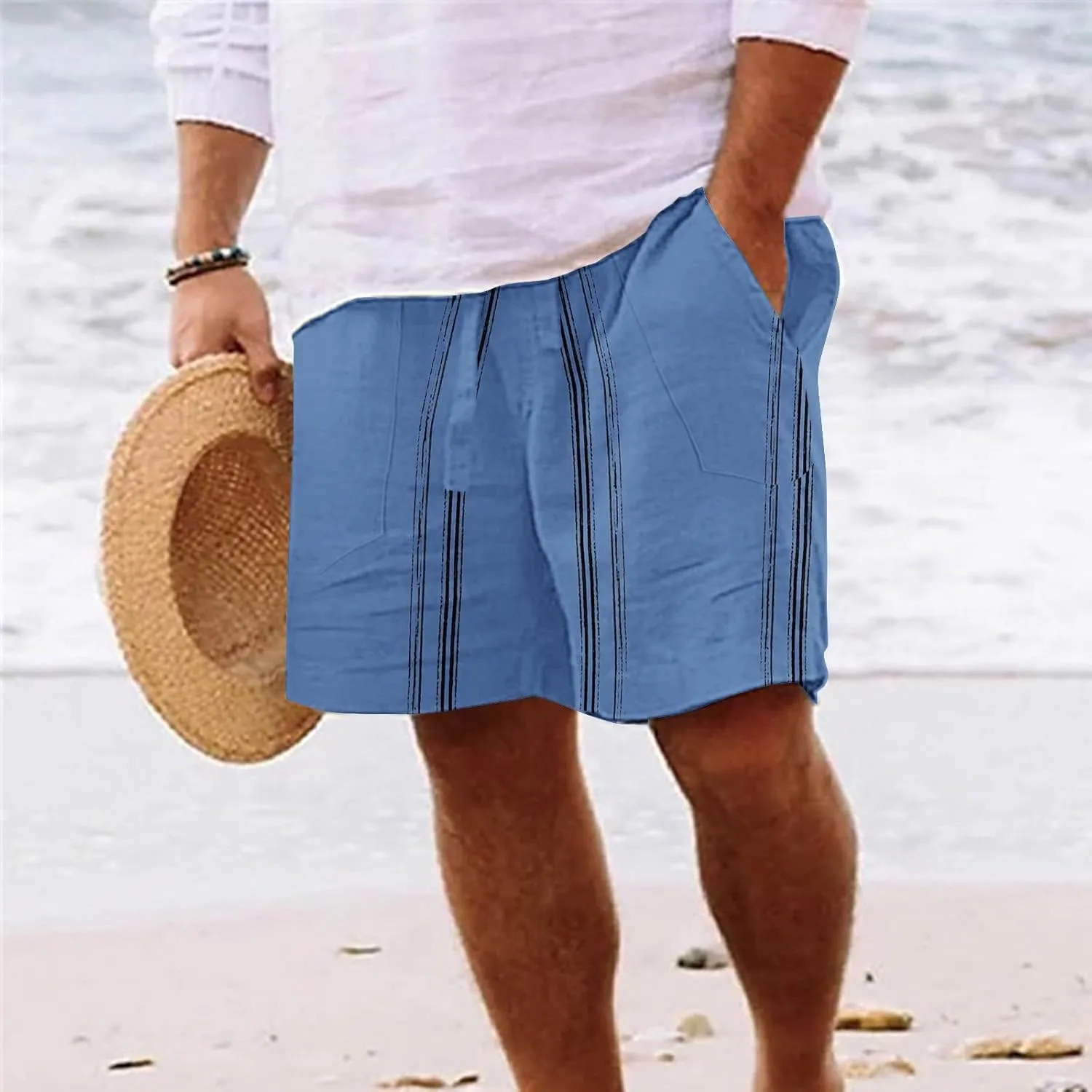 Men's Linen Shorts 2025 Summer Hawaii Travel Holiday Beach Pants Casual Elastic Waist Drawstring Clothes with Pockets
