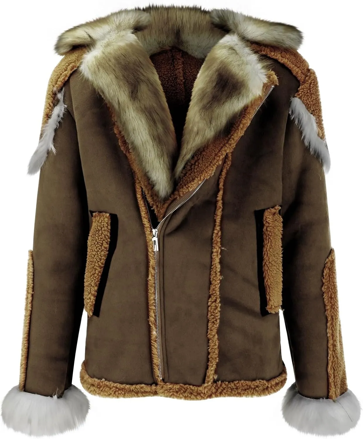 Mens Shearling Leather Coat Thicken Warm Long Sleeve Faux Fur Collar Sherpa Coats Big and Tall Parka Jackets