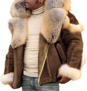 Mens Shearling Leather Coat Thicken Warm Long Sleeve Faux Fur Collar Sherpa Coats Big and Tall Parka Jackets