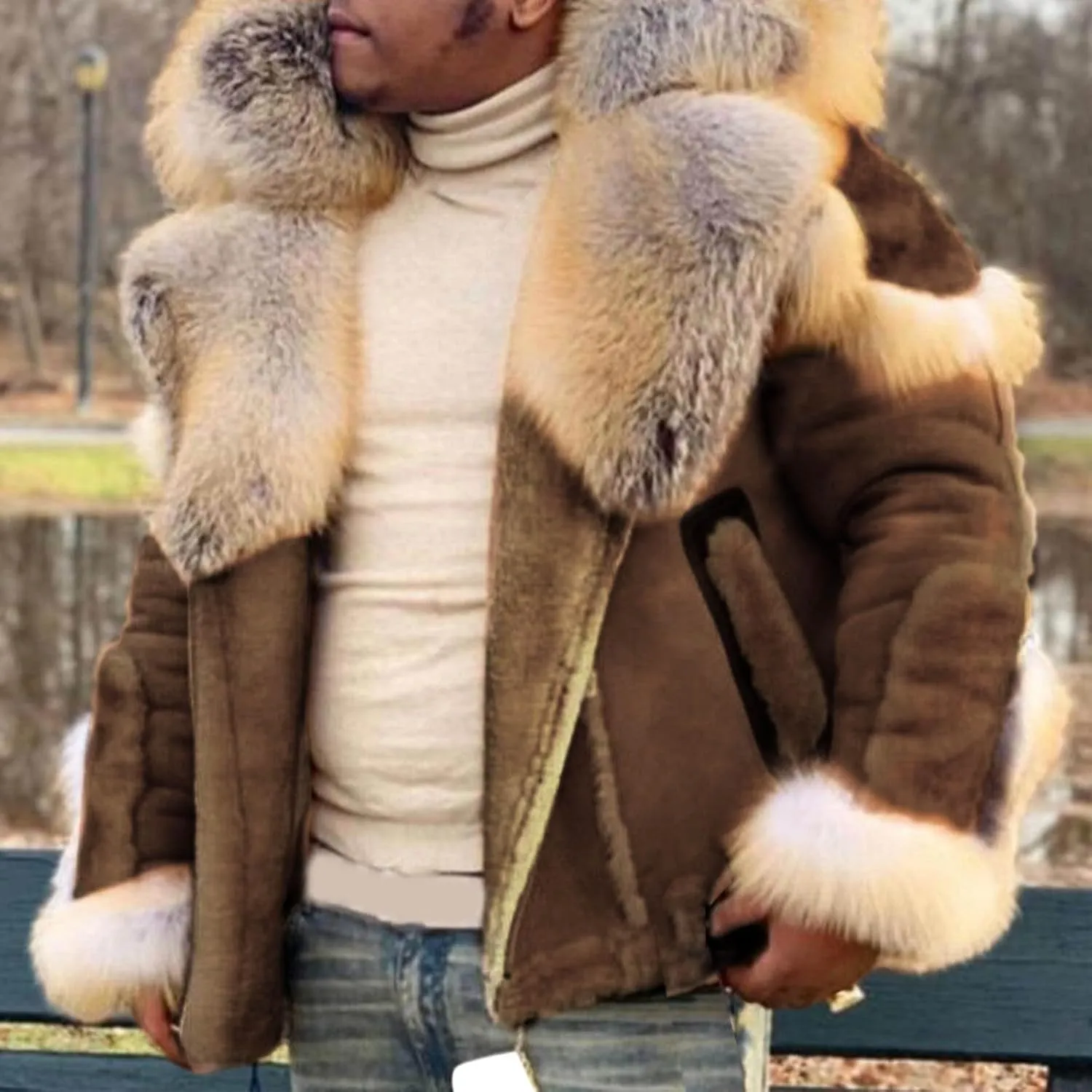Mens Shearling Leather Coat Thicken Warm Long Sleeve Faux Fur Collar Sherpa Coats Big and Tall Parka Jackets