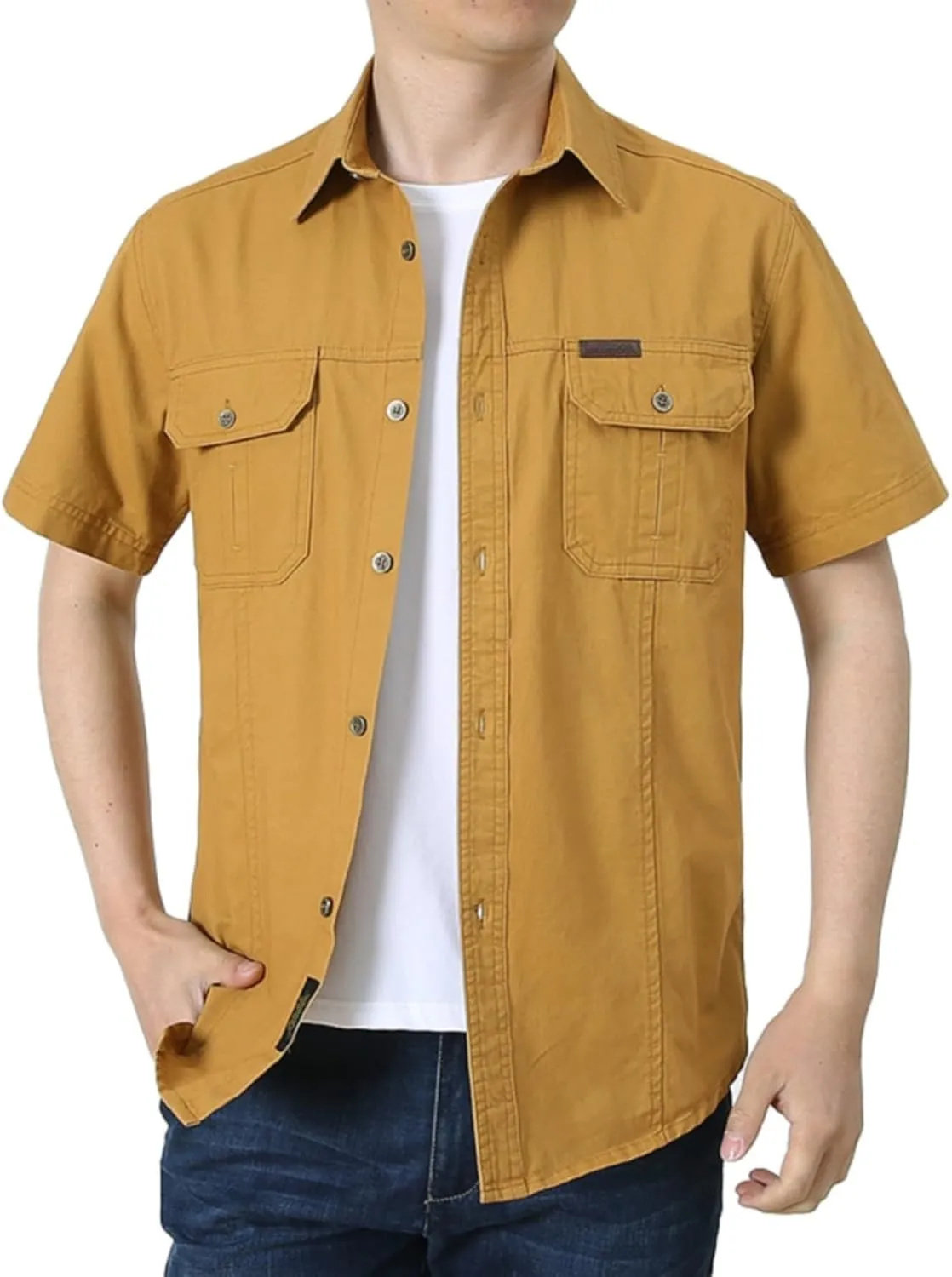 Mens Short Sleeve Cargo Work Shirt Button Down Cotton Dress Shirt Utility Outdoor Military Workout Hiking T Shirts