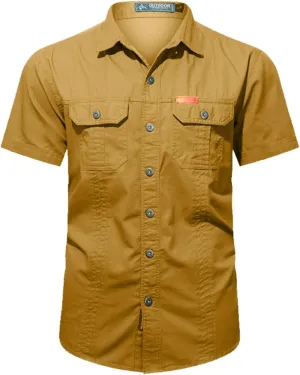 Mens Short Sleeve Cargo Work Shirt Button Down Cotton Dress Shirt Utility Outdoor Military Workout Hiking T Shirts