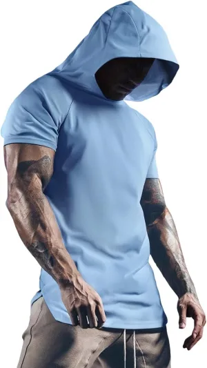 Men's Short Sleeve Hoodie Workout Gym Sweatshirts Athletic Training Sweat Shirts Dry Fit Solid Color Hooded T-Shirt