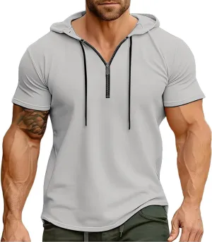 Men's Short Sleeve Hoodies Summer Trendy Zip Up Hooded Pullover Top Slim Fit Performance Moisture Wicking Sport Shirts
