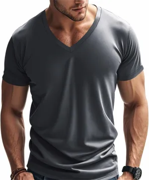 Mens Short Sleeve V Neck Muscle Slim T Shirt V-Neck Stretch Bodybuilding Shirt Soft Comfy Collarless Summer Tops