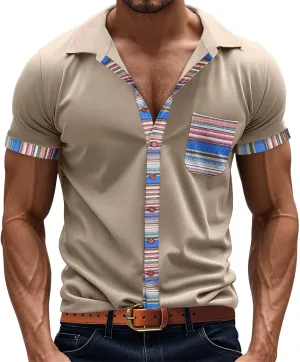 Men's Slim Fit Golf Polo Shirts Classic Short Sleeve Striped Performance Moisture Wicking Quick Dry Button Down