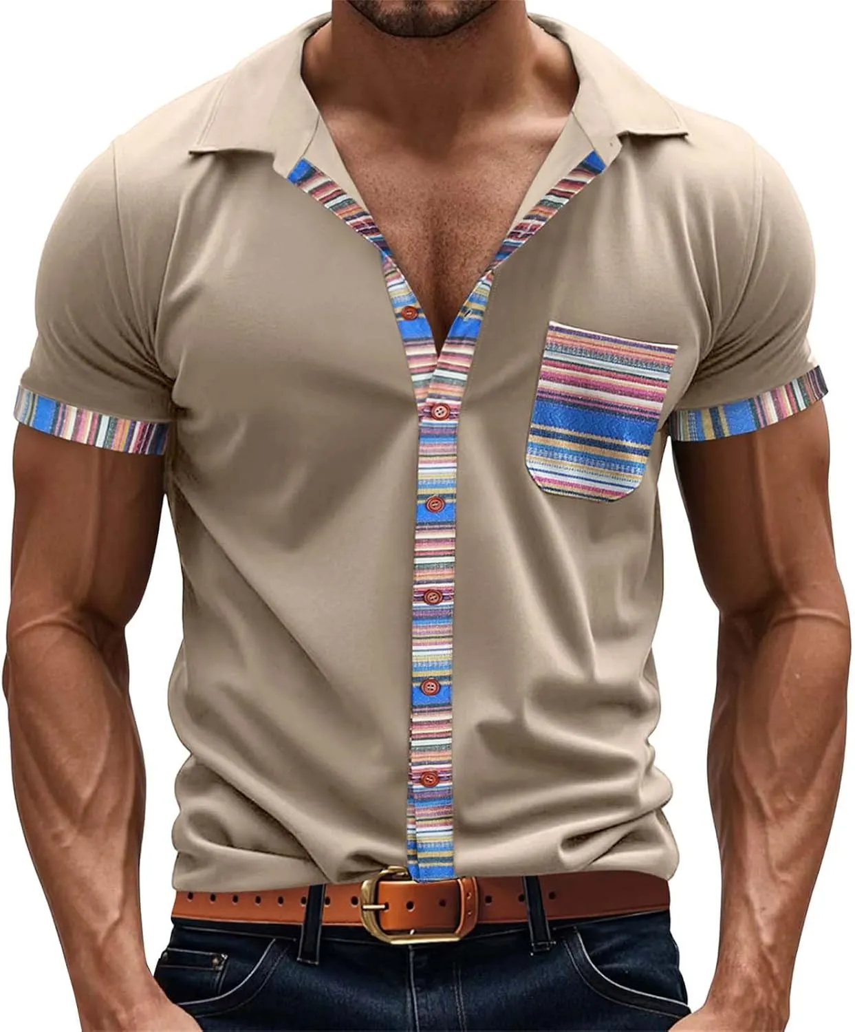 Men's Slim Fit Golf Polo Shirts Classic Short Sleeve Striped Performance Moisture Wicking Quick Dry Button Down
