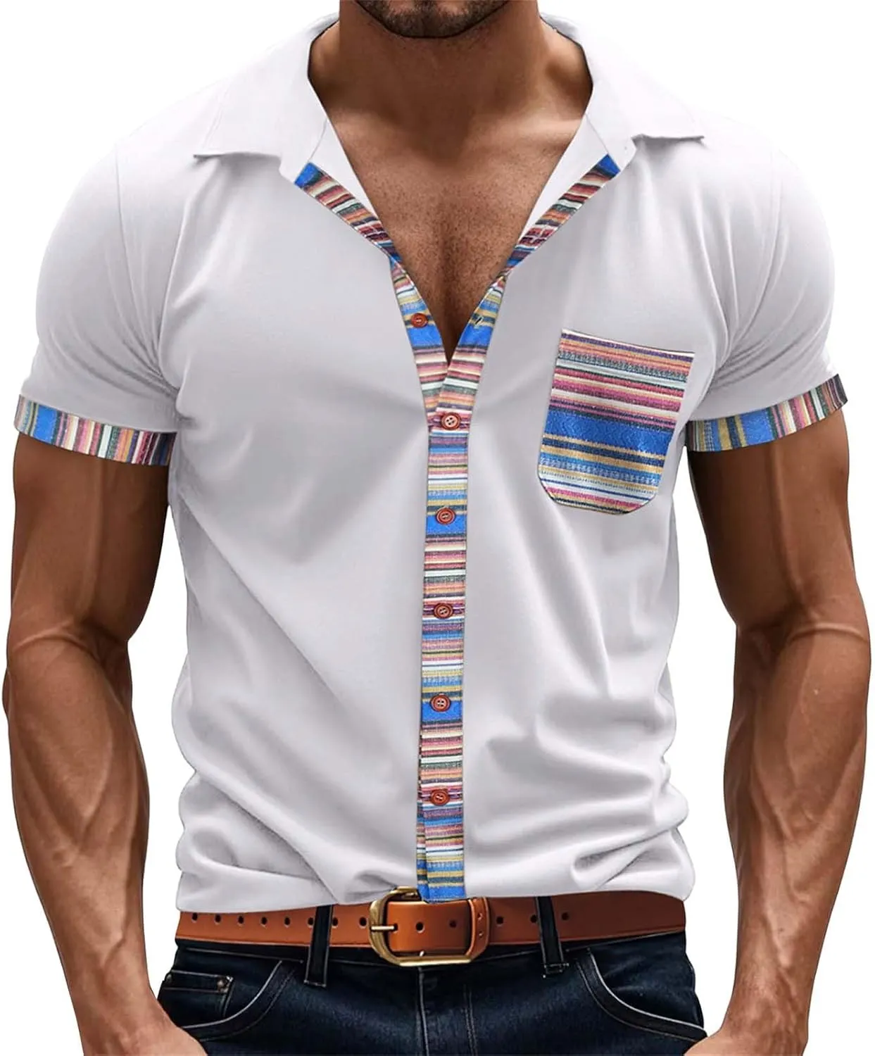 Men's Slim Fit Golf Polo Shirts Classic Short Sleeve Striped Performance Moisture Wicking Quick Dry Button Down