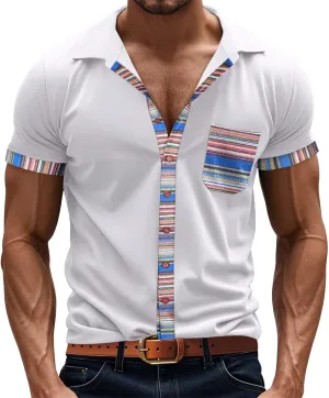 Men's Slim Fit Golf Polo Shirts Classic Short Sleeve Striped Performance Moisture Wicking Quick Dry Button Down