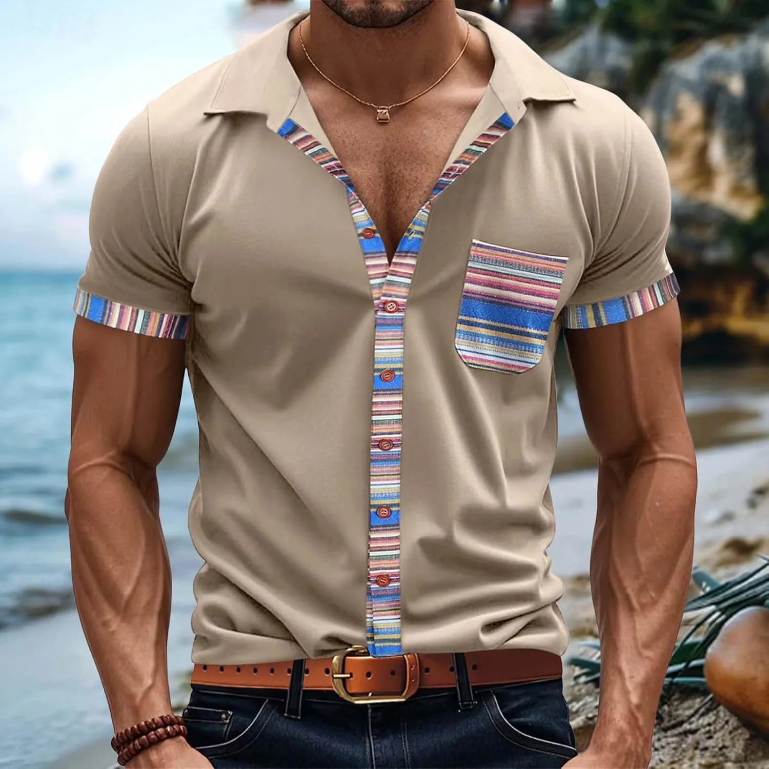 Men's Slim Fit Golf Polo Shirts Classic Short Sleeve Striped Performance Moisture Wicking Quick Dry Button Down