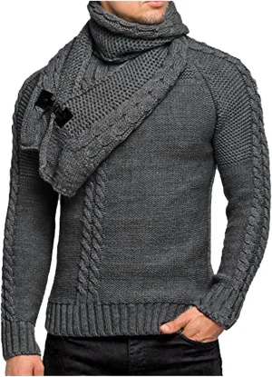 Mens Slim Fit Pullover Sweaters with Scarf Turtleneck Knit Sweater Warm Jumper Lightweight Long Sleeve Pullovers