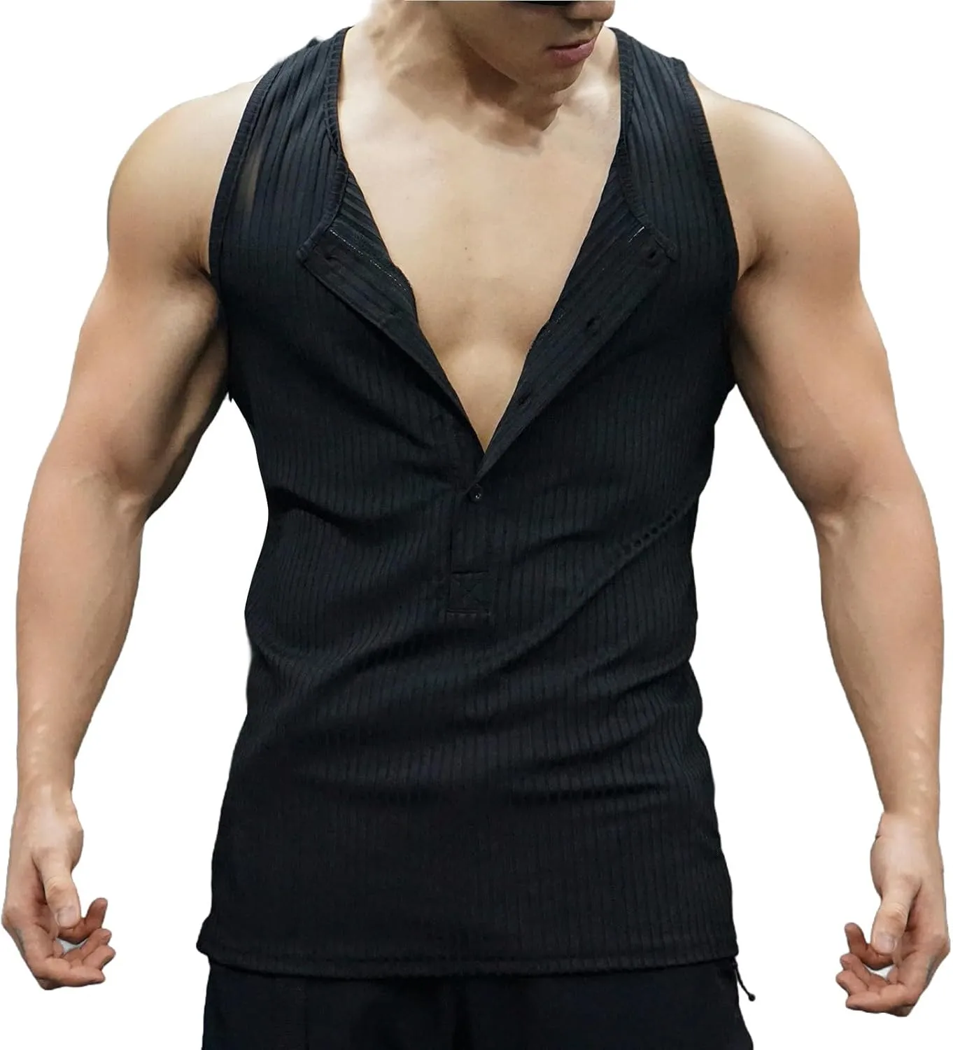 Men's Striped Knit Tank Top Sleeveless Gym Workout Casual Slim Fit Outfit Half Button Quick Dry Training Beach Summer Wear