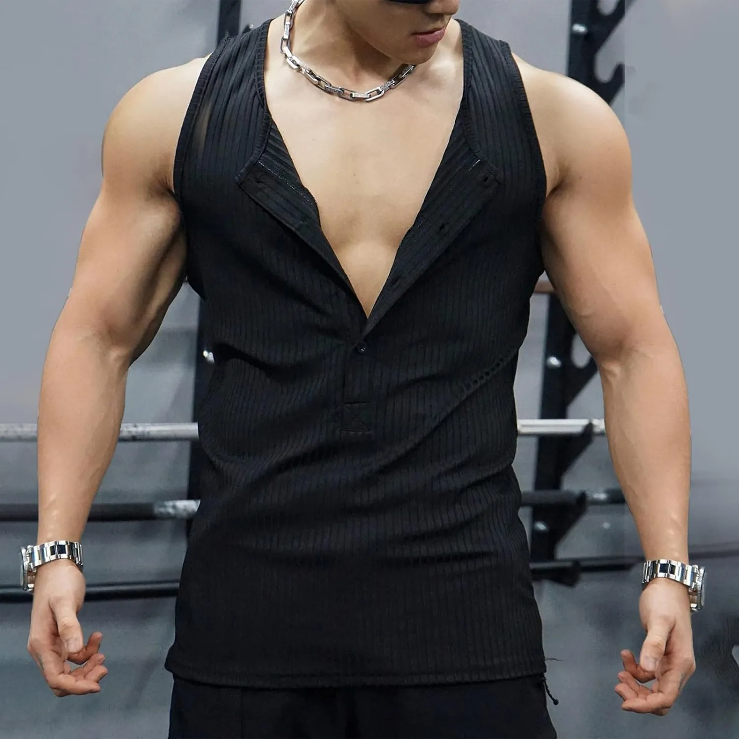 Men's Striped Knit Tank Top Sleeveless Gym Workout Casual Slim Fit Outfit Half Button Quick Dry Training Beach Summer Wear