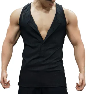 Men's Striped Knit Tank Top Sleeveless Gym Workout Casual Slim Fit Outfit Half Button Quick Dry Training Beach Summer Wear