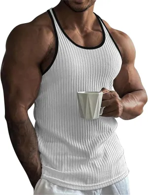 Mens Tank Top Slim Fit Vertical Striped Knitted Fitness Sleeveless Muscle Shirt Rib Knit Round Neck Undershirts